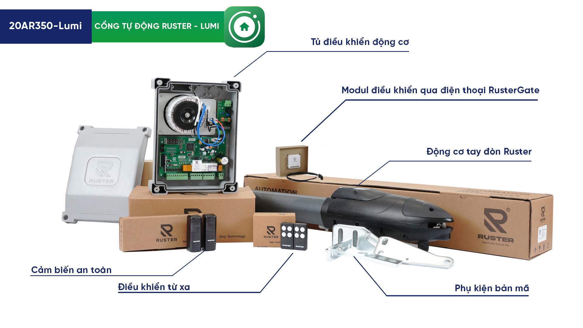 Motor cổng tay đòn tự động Ruster – Lumi 24V 350kg/cánh